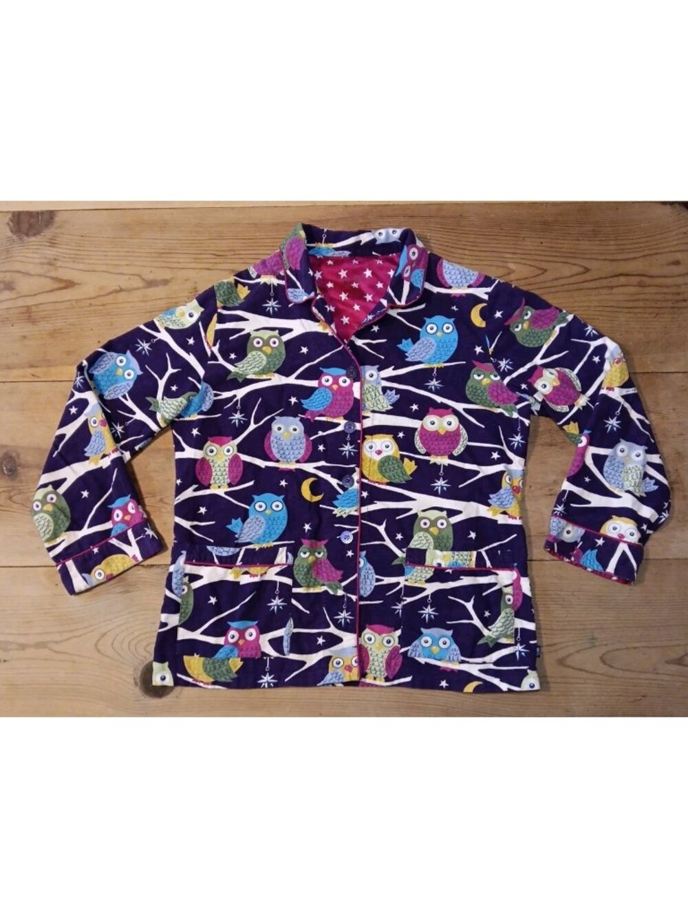 Nick & Nora Owl Flannel Pajama Top Women XL PJ Shirt Colorful Pockets Ornaments